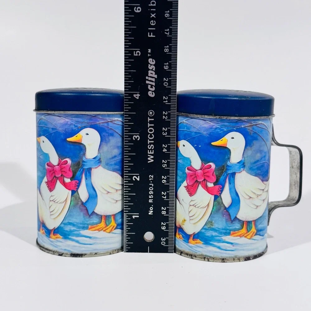 Vintage JSNY Tin Salt & Pepper Shakers w/Handles Country‎ Geese Winter Scene EUC